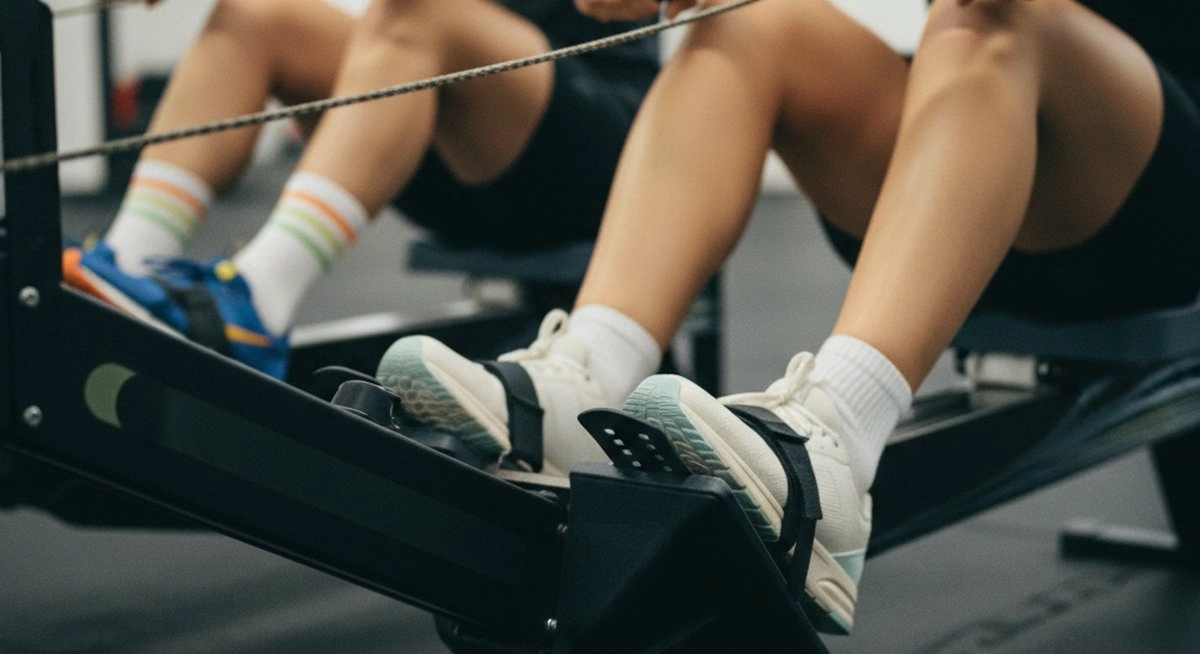นักกีฬากำลังวีดแขนบนเครื่อง rowing machine ในยิม เห็นเท้าทั้งสองข้างยึดบน footplate และมือจับด้าม handle อย่างเต็มแรง สะท้อนความเหนื่อยล้าหลังการซ้อมหนักที่ต้องการการฟื้นตัว