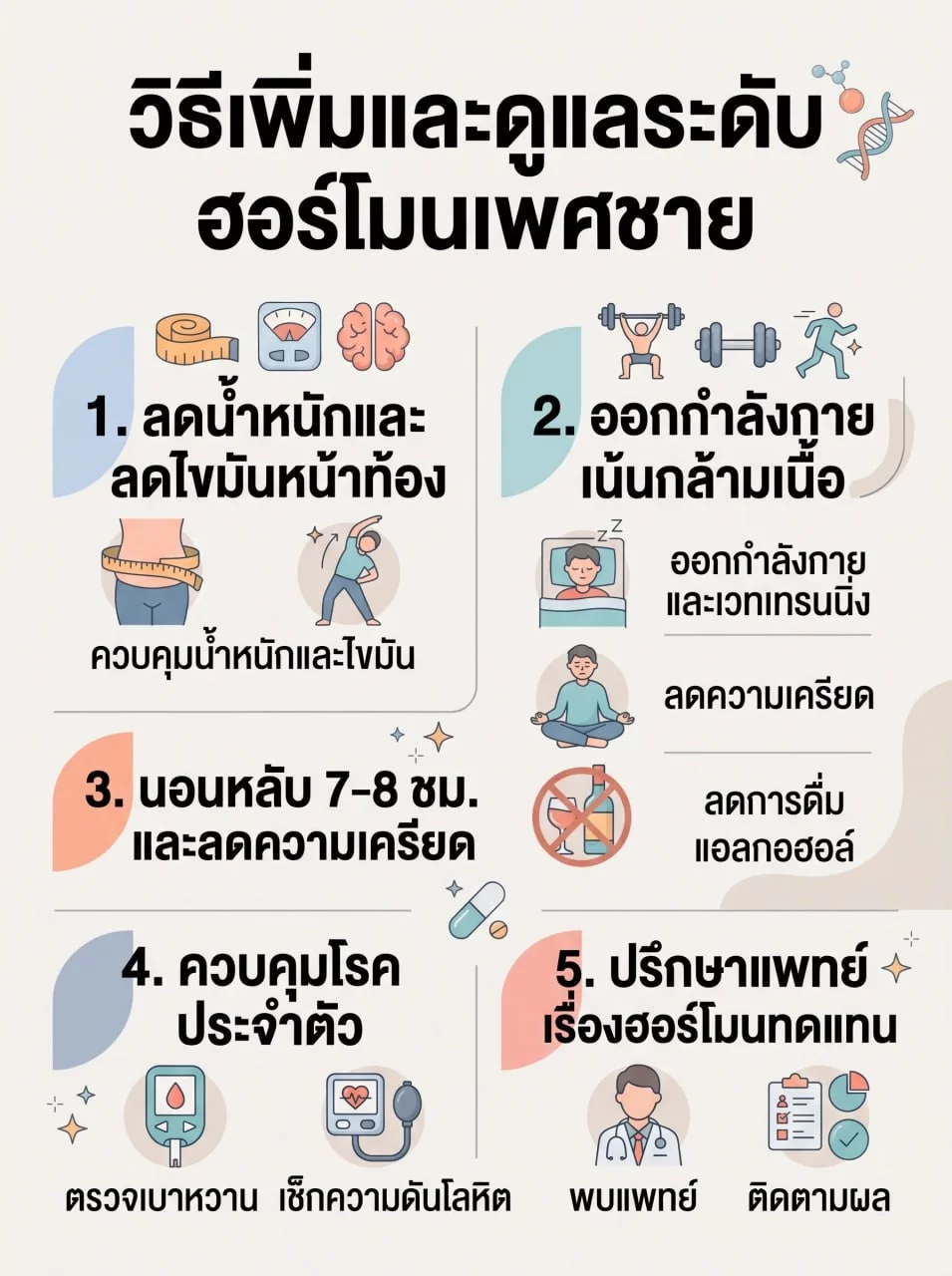 อินโฟกราฟิก 5 ขั้นตอนการดูแลและเพิ่มระดับฮอร์โมนเพศชาย ได้แก่ 1 ลดน้ำหนักและลดไขมันหน้าท้อง 2 ออกกำลังกายเน้นกล้ามเนื้อ 3 นอนหลับ 7-8 ชั่วโมงและลดความเครียด 4 ควบคุมโรคประจำตัว ตรวจเบาหวานและความดันโลหิต 5 ปรึกษาแพทย์เรื่องการใช้ฮอร์โมนทดแทน